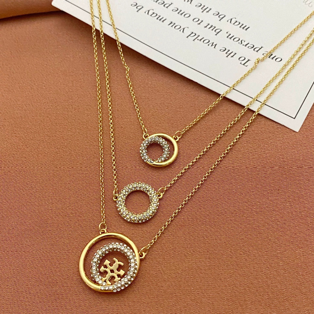 Tory Burch Diamond Ring Hollow Letter Pendant Double Layer Metal Necklace